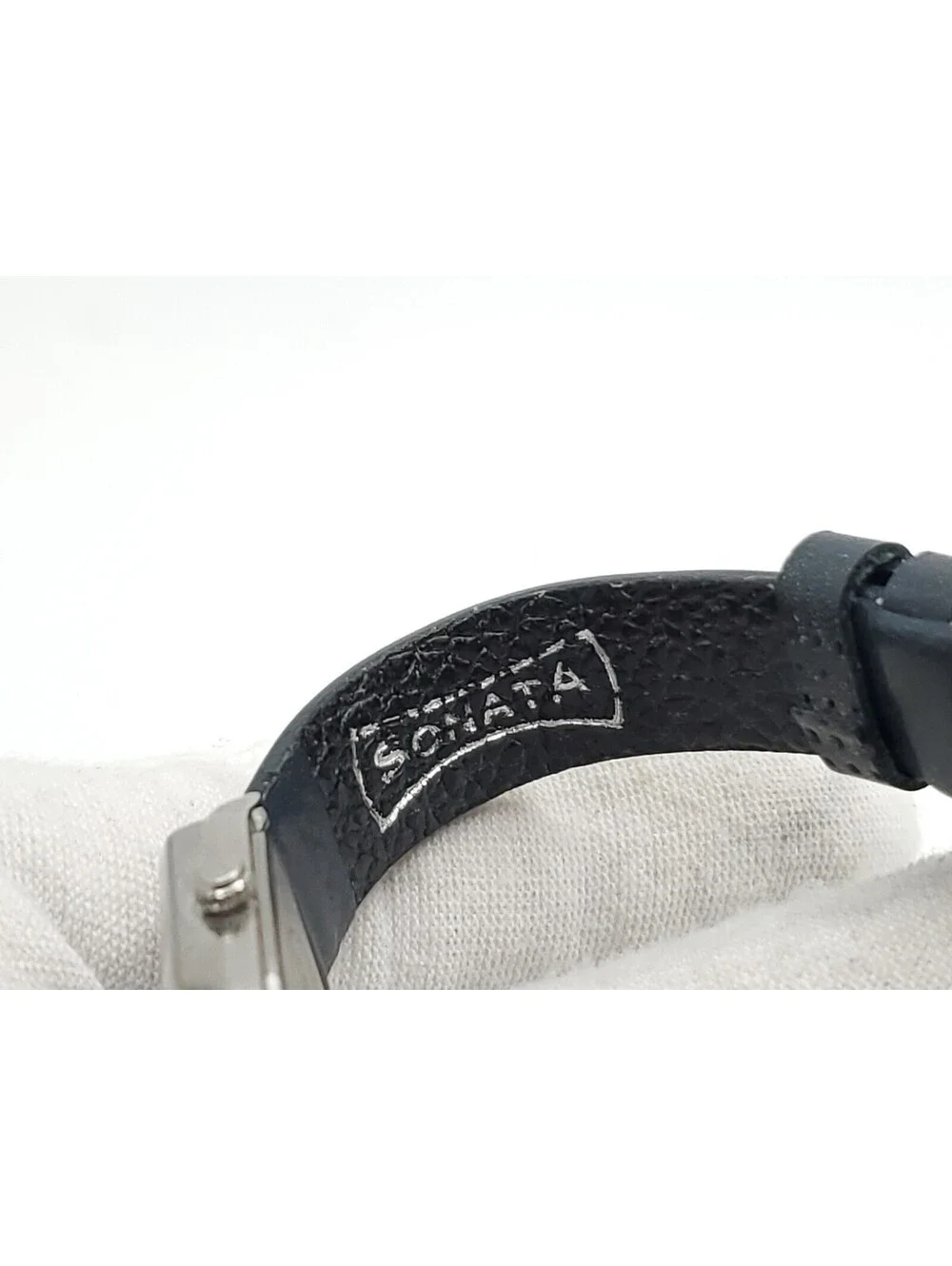 Sonata Quartz Watch Womens New Battery Silver Tone Black Band Square 17mm